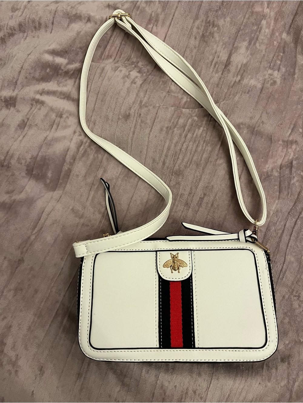 White Crossbody Bag with Red & Black Stripe